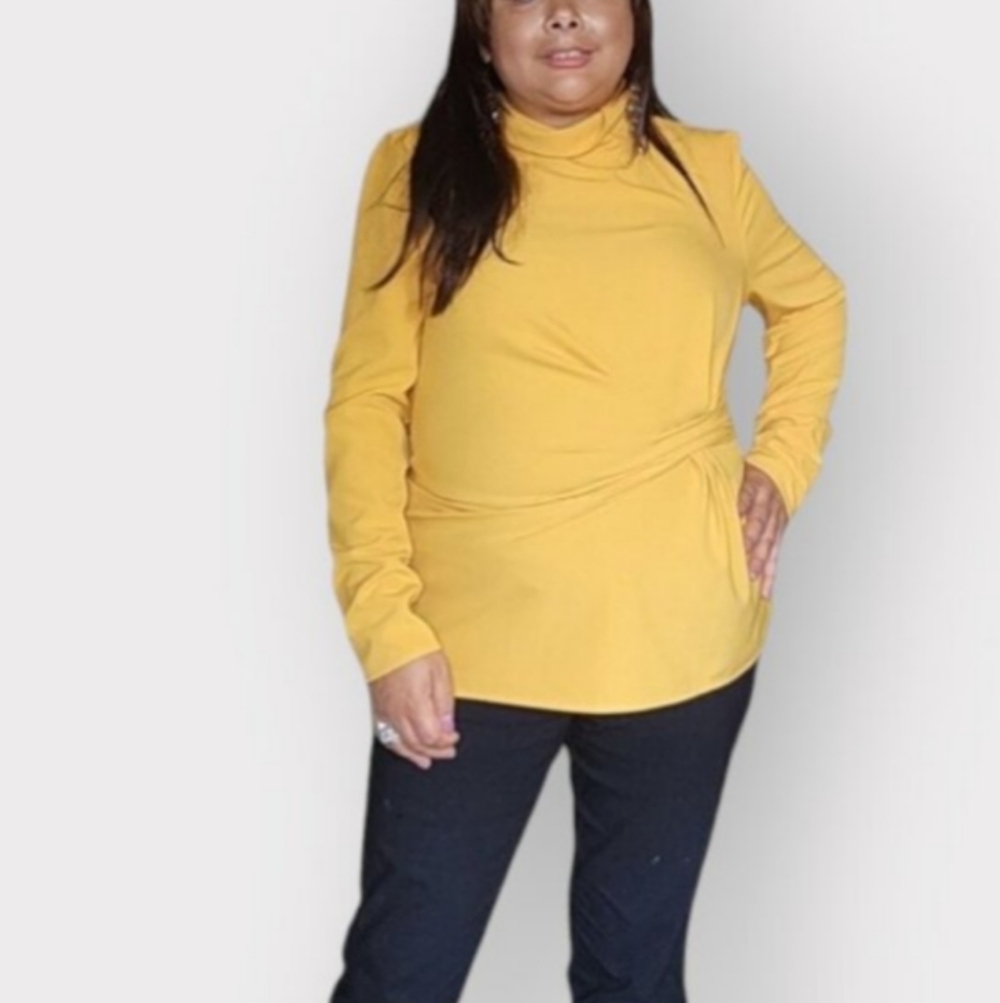 Suited for Work Yellow Long Sleeve Tunic Top with Pleated Waist Detail Women's M